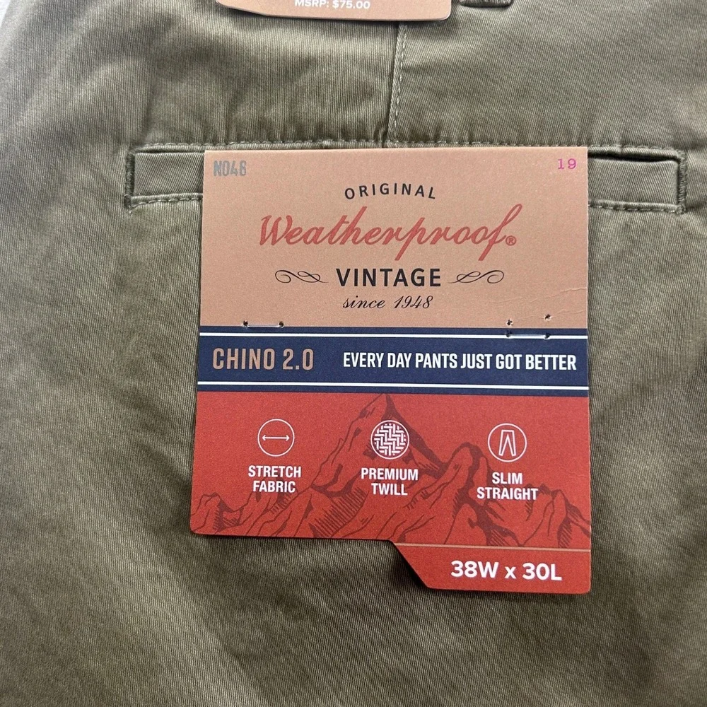 Weatherproof Vintage Chino Pants Slim Straight Stretch Twill Khaki 38W x 30L NEW